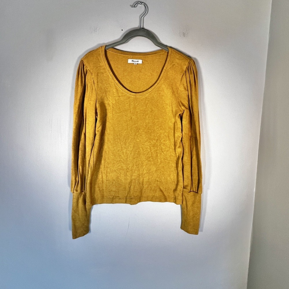 Madewell Mustard Yellow Puff Sleeve Scoop Neck Knit Top XS